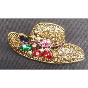 Beautiful Lady's Hat Shaped Embellished with Multicolored Rhinestones Brooch